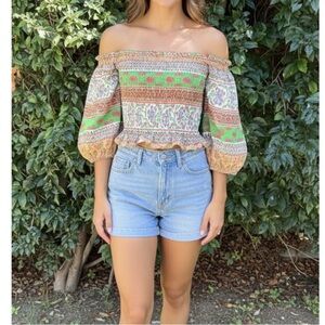 Zara Festival Boho Bohemian Top Colorful Green Orange Ivory Off The Shoulder